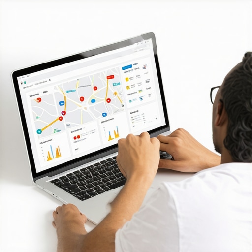 Person working on local SEO optimization with maps and analytics on a laptop.