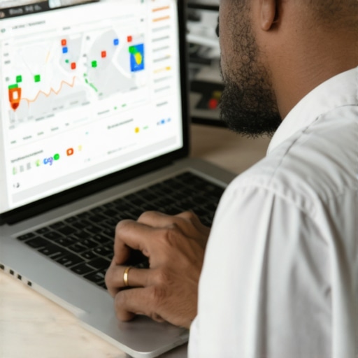 Business owner reviewing CTR and map ranking charts on a laptop.