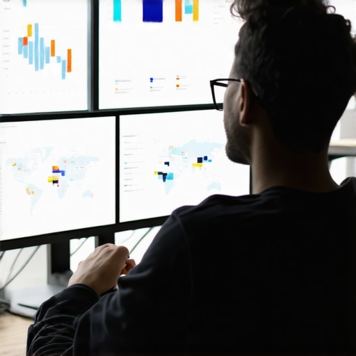 Person reviewing digital engagement data on a computer with maps and analytics graphs.