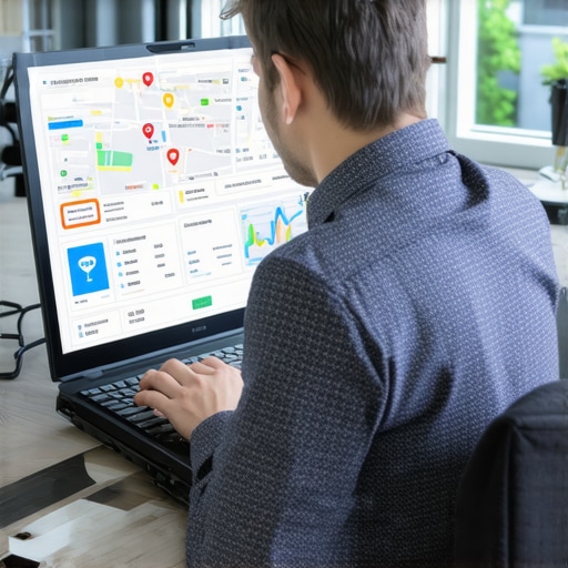 Business owner reviewing map ranking analytics on a laptop showing CTR data.