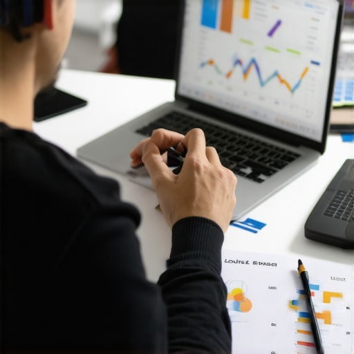 A professional analyzing local SEO metrics on a laptop with charts and analytics tools.