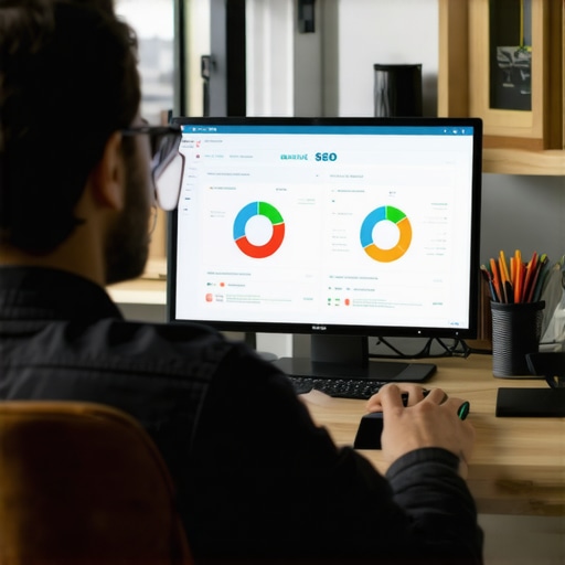 Business owner reviewing SEO analytics dashboard on a computer in an office setting.