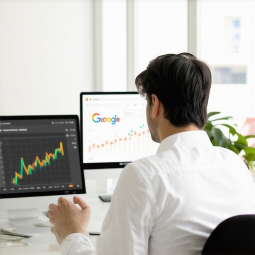 Business owner updating Google My Business profile with charts showing increased CTR.