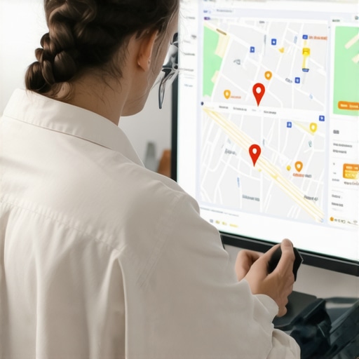 Business owner editing map listing on a laptop, focusing on images and descriptions.