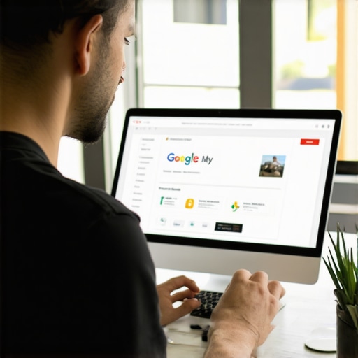 Business owner optimizing Google My Business profile on a laptop with visual content on the screen.