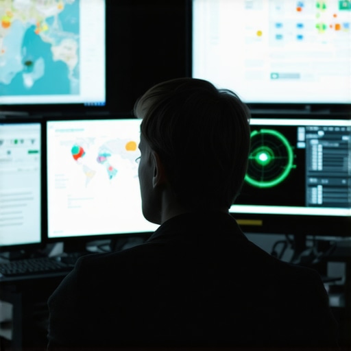 Person reviewing analytics and geo-fenced map data for click verification.