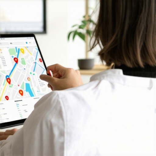 Business owner reviewing digital analytics and maps to improve local SEO