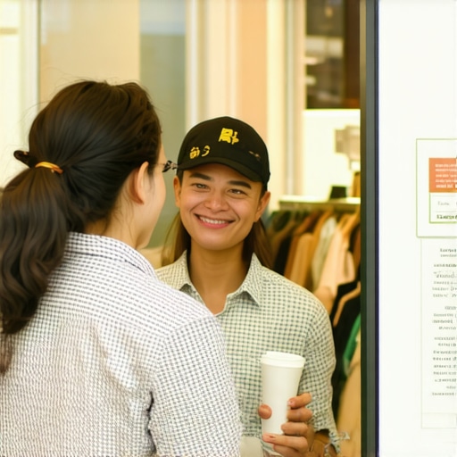 Business owner greeting customers at storefront with friendly atmosphere