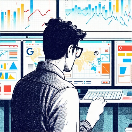 A digital illustration of a marketer analyzing CTR signals on a computer with charts and maps.