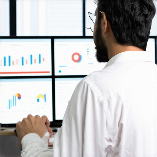 Analyzing Local SEO Data for Long-Term Success Digital marketer reviewing local SEO performance metrics on monitors.