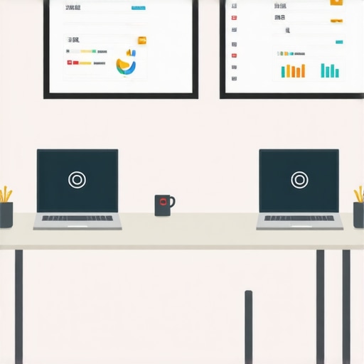 A technical workspace showing multiple devices and analytics dashboards managing CTR signals for local SEO.